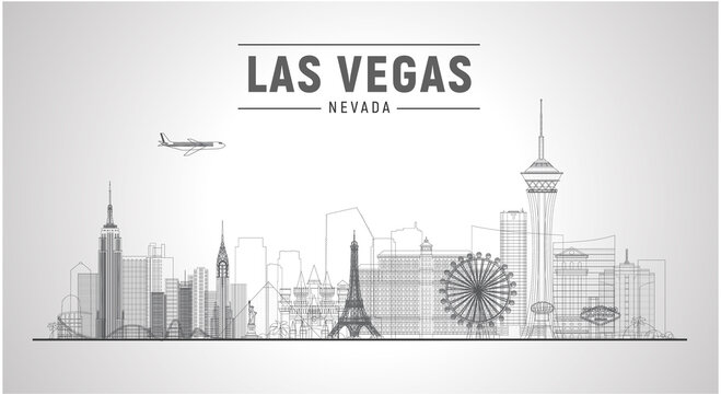 Las Vegas skyline with panorama in white background. Vector line Illustration. Business travel and tourism concept with modern buildings. Image for banner or website.