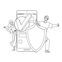 User Security Technology For Safe Info Black Line Pencil Drawing Vector. Happy Man And Woman Gesturing Ok And Approving User Security And Protective System. Characters Protection Digital Information