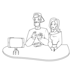 video marketing. digital social media. Black Line Pencil Drawing Vector. online content. internet strategy character web Illustration