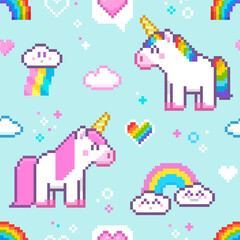 Cute Pixel Unicorns seamless pattern on blue background. Cartoon unicorns with rainbow tails for design of backgrounds, wallpapers, fabrics, wrapping paper, scrapbooking