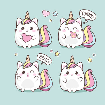 Cute Cat Caticorn or Kitten Unicorn set with rainbow and hearts. Vector Cat Unicorn with lollipop. Isolated vector illustration for kids design prints, posters, t-shirts, stickers