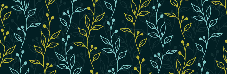 Berry bush branches natural vector seamless pattern. Cozy herbal textile print. Greenery plants leaves and stems illustration. Berry bush sprigs linear seamless swatch