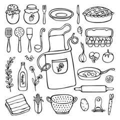 Kitchen doodle set. Utensil, cutlery, and elements isolated in white background. Hand-drawn vector illustration. 