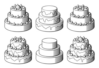 Set of big cakes, decorated with glaze, cream and berries. Black and white retro style vector illustration