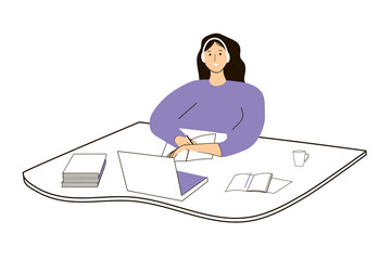 Vector illustration with a character on a white background. Online training. A student girl in an online lesson writes a lecture in a notebook.