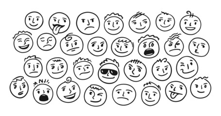 Emotion Faces in doodle style. Set of icons with different moods vector illustration