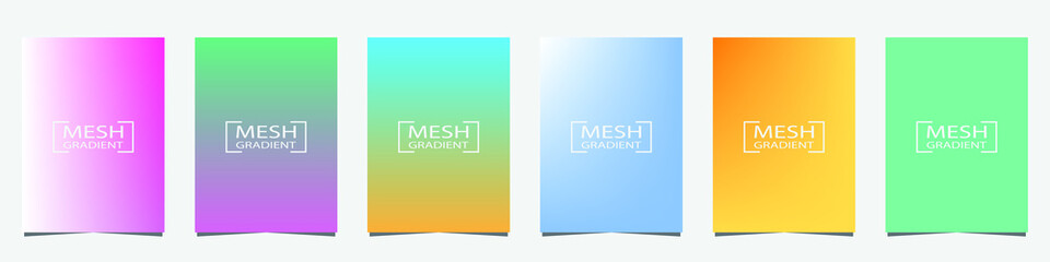 Abstract 6 fluid shapes mesh gradient colors backgrounds set. Modern vector template for brochure, flyer, cover, catalog, poster etc in A4 size. Colored fluid graphic composition. Editable vector