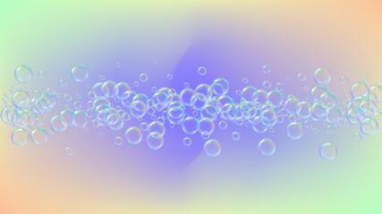 Bubble foam. Detergent and shampoo suds for bath. Soap. 3d vector illustration poster. Aqua fizz and splash. Realistic water frame and border. Blue colorful liquid bubble foam.