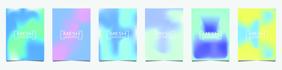 Abstract 6 fluid shapes mesh gradient colors backgrounds set. Modern vector template for brochure, flyer, cover, catalog, poster etc in A4 size. Colored fluid graphic composition. Editable vector