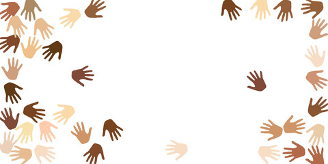 People hands of various skin tone silhouettes. Crowd concept. Multinational