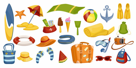 Travel and vacation. Cartoon collection of suitcase, hat, photo camera, summer journey concept. Vector set