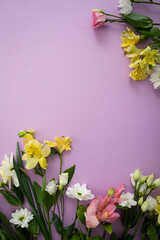 Overhead view of flowers on purple background copy space