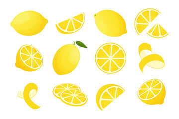 Cartoon lemon. Yellow citrus peel, piece and slice logo, and chopped lemons. Vector lemonade ingredient set