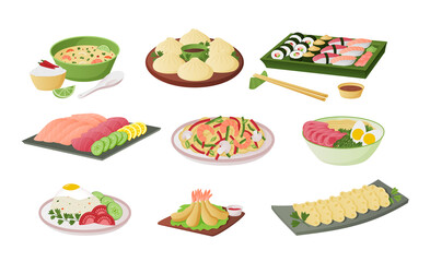Asian food. Japanese and Chinese noodles rice and in bowls, spicy meal. Vector rolls with chopsticks set