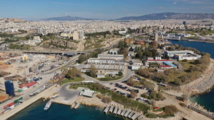 Fototapeta premium Aerial drone photo of Public Hellenic Transportation facilities in Drapetsona, Piraeus, Attica, Greece