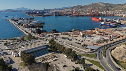 Fototapeta premium Aerial drone photo of Public Hellenic Transportation facilities in Drapetsona, Piraeus, Attica, Greece
