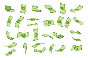 Flying money. Cartoon falling dollar banknotes, American bank currency. Vector isolated set