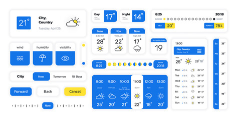 Weather widget. Web forecast app UI template with weather icons and graphic kit. Vector set