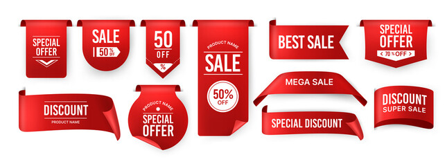 Red ribbon label. Price discount promotion banner, special offer sticker. Vector isolated set - obrazy, fototapety, plakaty