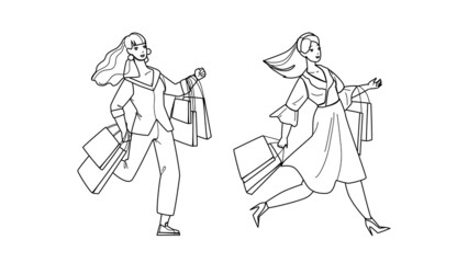 Fototapeta na wymiar Women Running On Sale Shopping Together Black Line Pencil Drawing Vector. Happy Girls Shoppers With Bag Run On Seasonal Sale Shopping And Buying. Characters Ladies Customers Consumerism Illustration