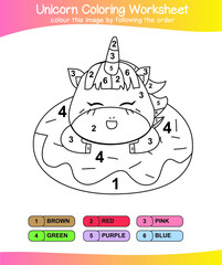 Unicorn coloring worksheet page. Coloring worksheet for preschool. Isolated outline for coloring book. Black and white image for coloring. Vector illustration.