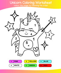 Unicorn coloring worksheet page. Coloring worksheet for preschool. Isolated outline for coloring book. Black and white image for coloring. Vector illustration.