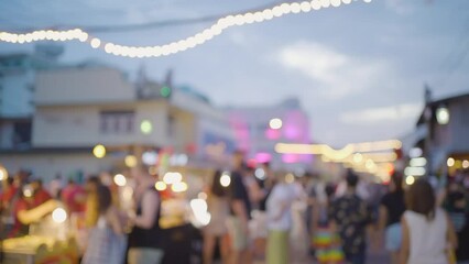 Blur people walking street night market with colorful bokeh light abstract background.