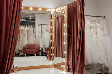 fashion boutique interior, fitting room in the wedding salon