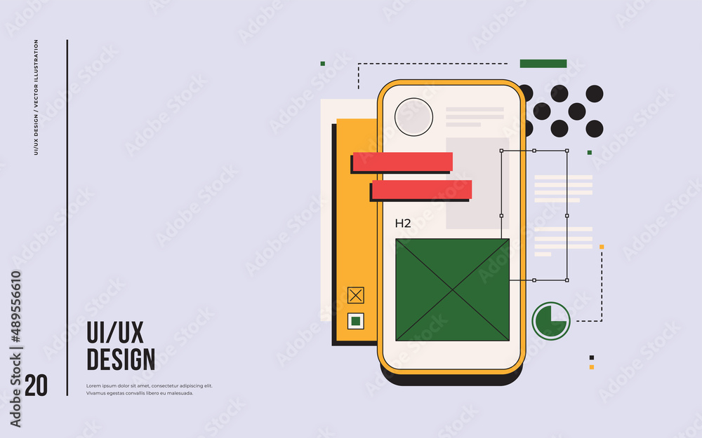 Poster mobile ui/ux development design concept. smartphone with interface elements. digital industry. innov