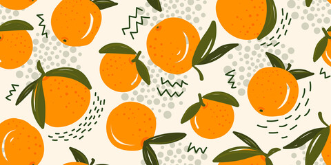Seamless bright light pattern with Fresh oranges for fabric, drawing labels, print on t-shirt, wallpaper of children's room, fruit background. Drawing orange doodle style cheerful background.