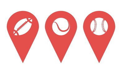 Map pointers icon set. Location pin collection. Set pointers, sport club, playground, stadium, sport, balls. Pointer icon pin on the map to show the location. Vector illustration
