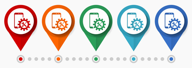 Mobile phone service concept vector icon set, flat design smartphone repair pointers, infographic template easy to edit