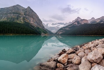 An early morning view across Lake Louis towards Fairview Mountain in Alberta, Canada