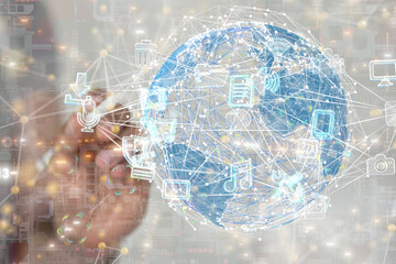 abstract lines with dots over dark background.