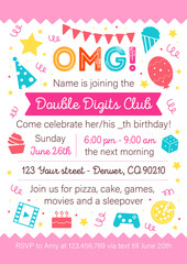 Invitation to the Birthday. Editable text. Holiday postcard. Birthday card. Vector poster. Children's birthday