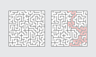 Abstract Square Maze With Solution For Adult Man And Woman. Find the Way Out to the Gift. Game For Children. Puzzle for Kids And Adult. Labyrinth Conundrum. Maze With Answer.