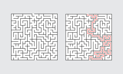 Abstract Square Maze With Solution For Adult Man And Woman. Find the Way Out to the Gift. Game For Children. Puzzle for Kids And Adult. Labyrinth Conundrum. Maze With Answer.