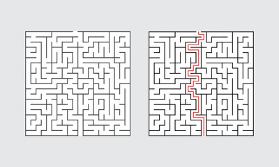 Abstract Square Maze With Solution For Adult Man And Woman. Find the Way Out to the Gift. Game For Children. Puzzle for Kids And Adult. Labyrinth Conundrum. Maze With Answer.