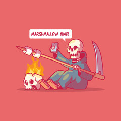 Reaper roasting marshmallows vector illustration. Funny, activity, food design concept.