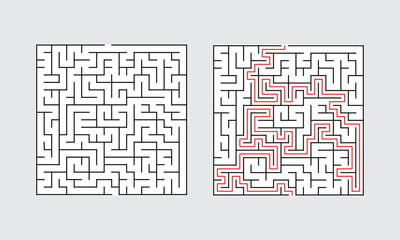 Abstract Square Maze With Solution For Adult Man And Woman. Find the Way Out to the Gift. Game For Children. Puzzle for Kids And Adult. Labyrinth Conundrum. Maze With Answer.