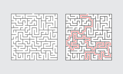 Abstract Square Maze With Solution For Adult Man And Woman. Find the Way Out to the Gift. Game For Children. Puzzle for Kids And Adult. Labyrinth Conundrum. Maze With Answer.