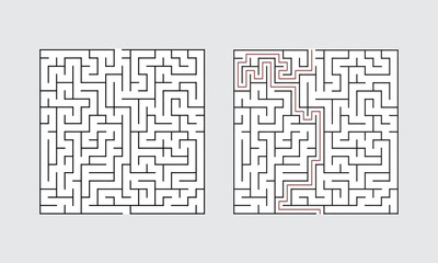 Abstract Square Maze With Solution For Adult Man And Woman. Find the Way Out to the Gift. Game For Children. Puzzle for Kids And Adult. Labyrinth Conundrum. Maze With Answer.