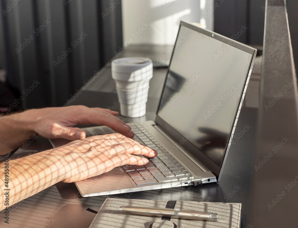 Poster female hands closeup working on laptop and typing email or text for work, study or data search. woma
