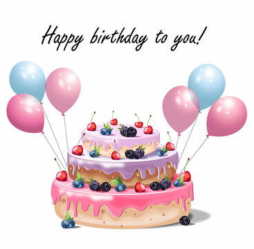 Happy birthday to you card with cake for celebrate birthday party on white background and balloons