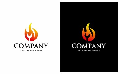 Wrench in Fire Flame Logo design vector template Negative space style. Fast rapid fix repair service Logotype concept icon. on a black and white background.