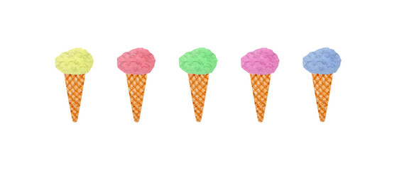 Watercolor illustration set ice cream in waffle cone on isolated background
