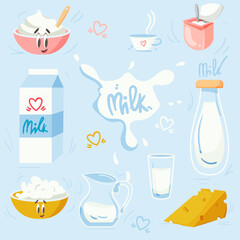 A set of illustrations with dairy products. Vector set. Milk, cheese, milk splashes.