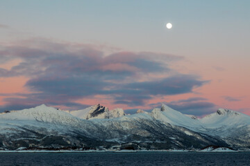 coastline on Senja island in Norway on a clear cold winter day