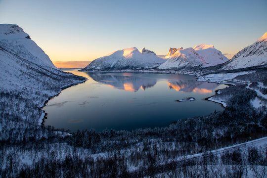 fjord Bergsbotn on island Senja, Norway  in winter