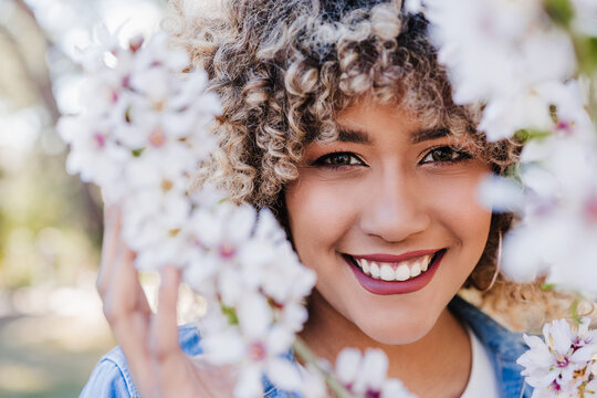 portrait of happy hispanic woman with afro hair in spring among pink blossom flowers. nature